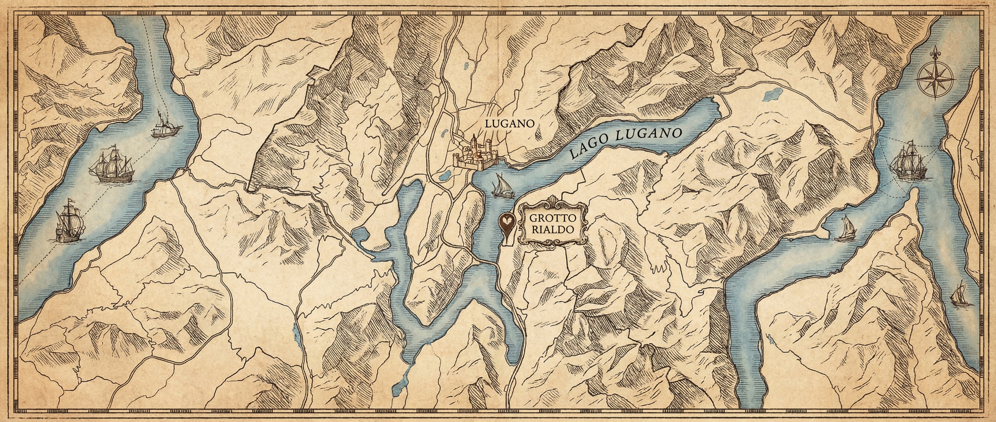 Mappa illustrata vintage del Lago di Lugano e Campione d'Italia